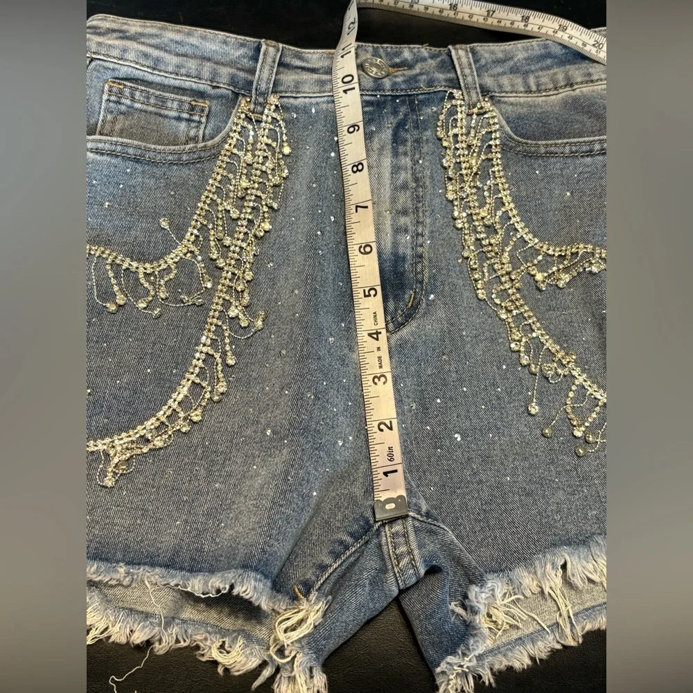 Rhinestone Fringe High-Rise Denim Shorts - Blue size Medium NWT